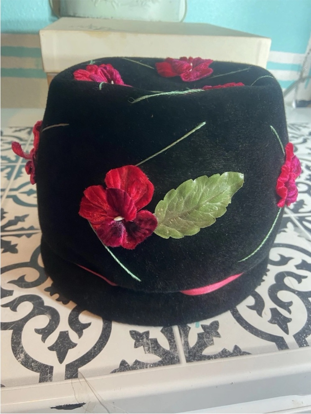 Black Velvet Women's Hat with Red Floral Embroidery